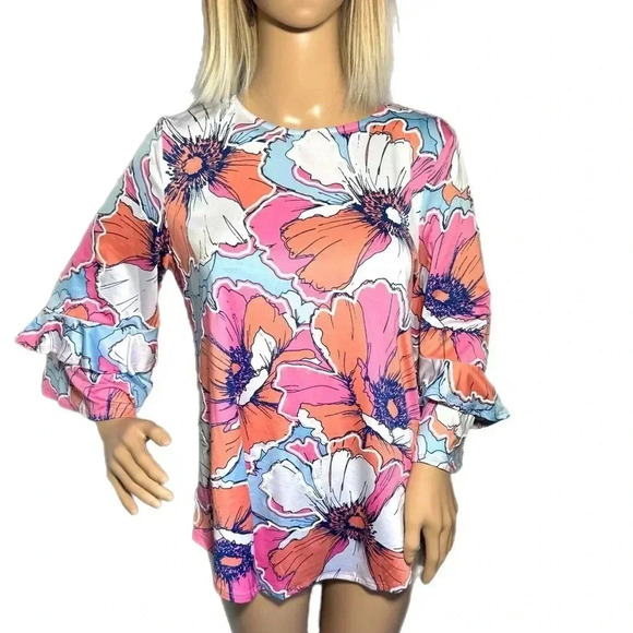 RUBY RD Pink Tropical Floral Blouse 3/4 Flutter Sleeve Size Small Top New - Picture 3 of 13